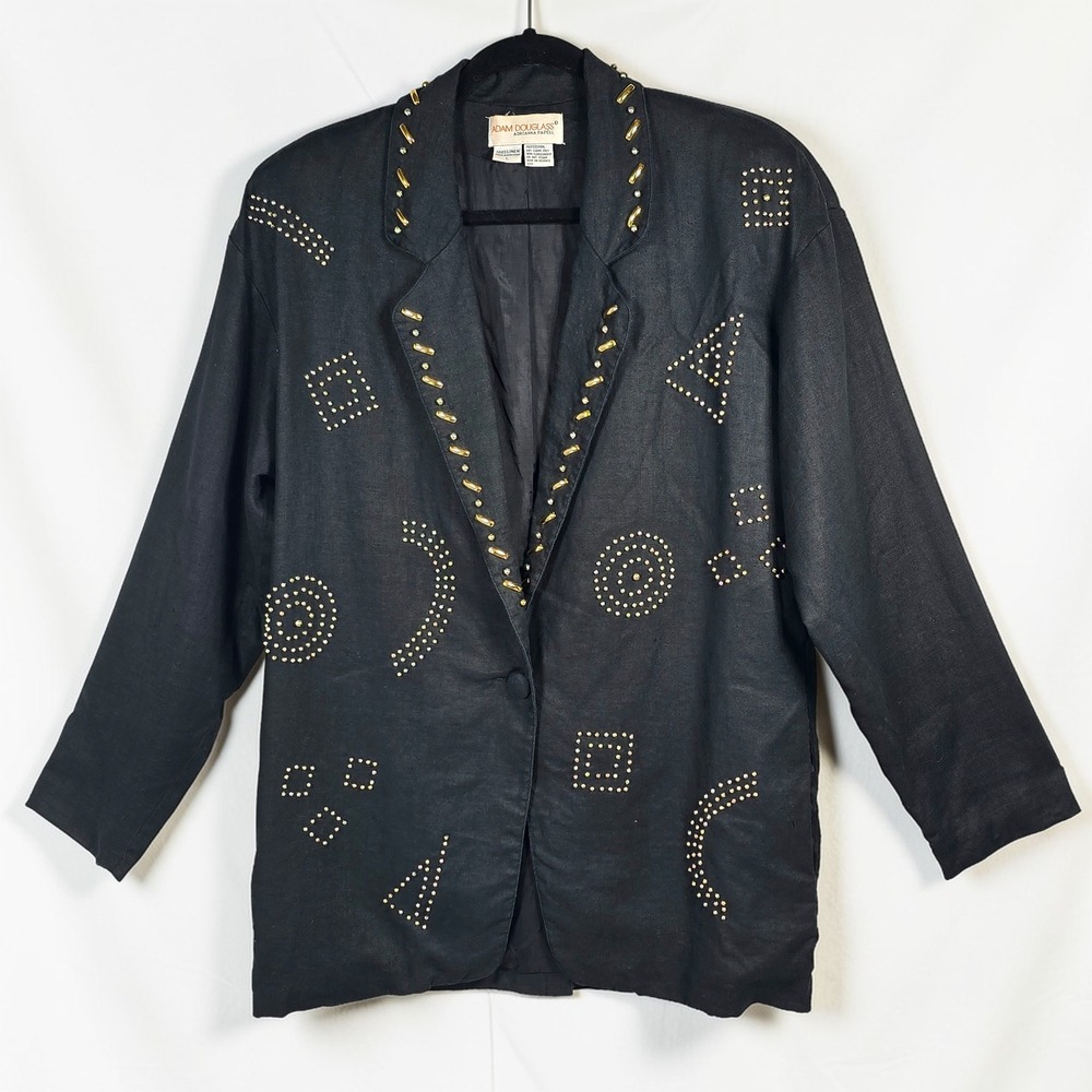 VTG Adam Douglass Adrianna Papell Black Linen Studded Blazer Jacket‎ Woman Large